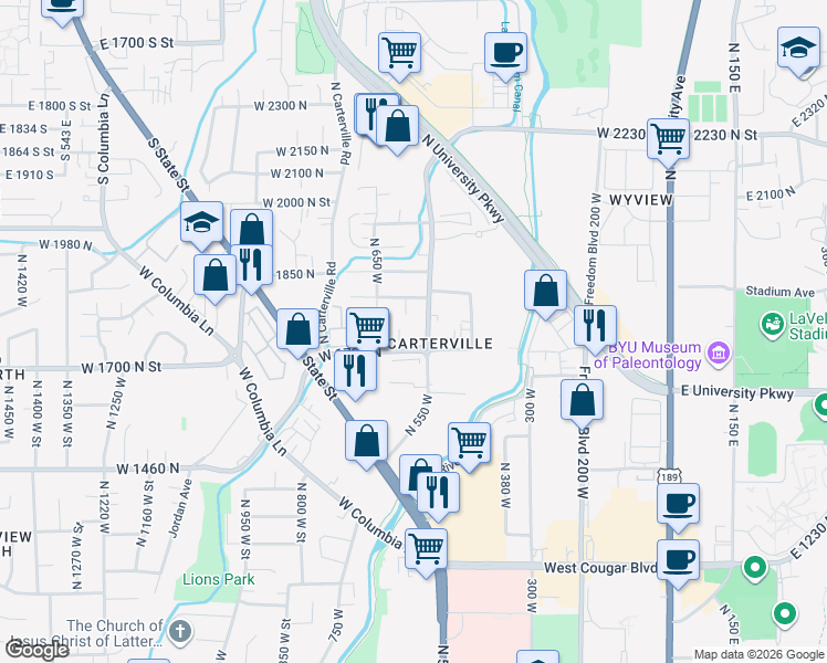 map of restaurants, bars, coffee shops, grocery stores, and more near in Provo