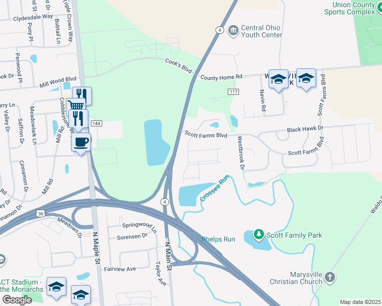map of restaurants, bars, coffee shops, grocery stores, and more near 259 Honeysuckle Lane in Marysville