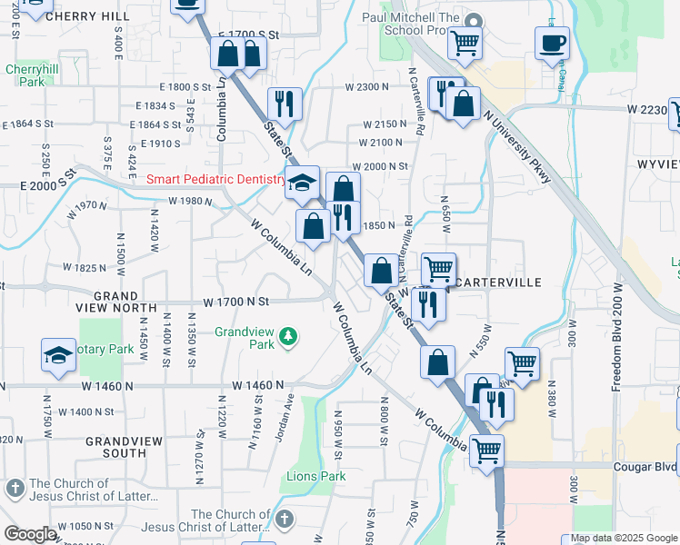 map of restaurants, bars, coffee shops, grocery stores, and more near 1766 Willowbrook Drive in Provo