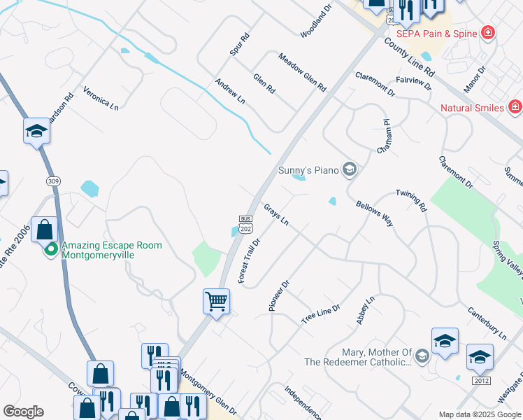 map of restaurants, bars, coffee shops, grocery stores, and more near 100 Grays Lane in Lansdale