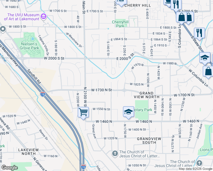 map of restaurants, bars, coffee shops, grocery stores, and more near 1762 North 1950 West Street in Provo