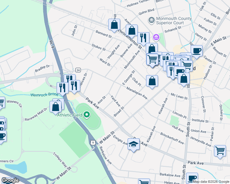 map of restaurants, bars, coffee shops, grocery stores, and more near 53 West George Street in Freehold