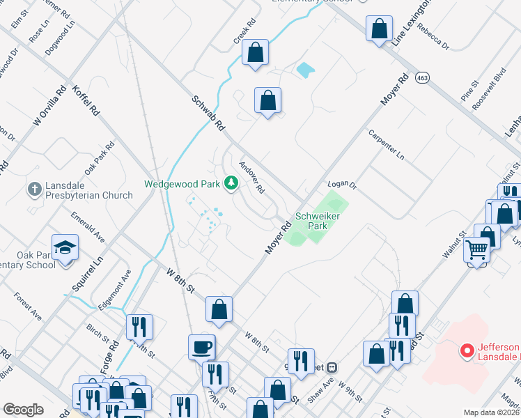 map of restaurants, bars, coffee shops, grocery stores, and more near 838 Wedgewood Drive in Lansdale