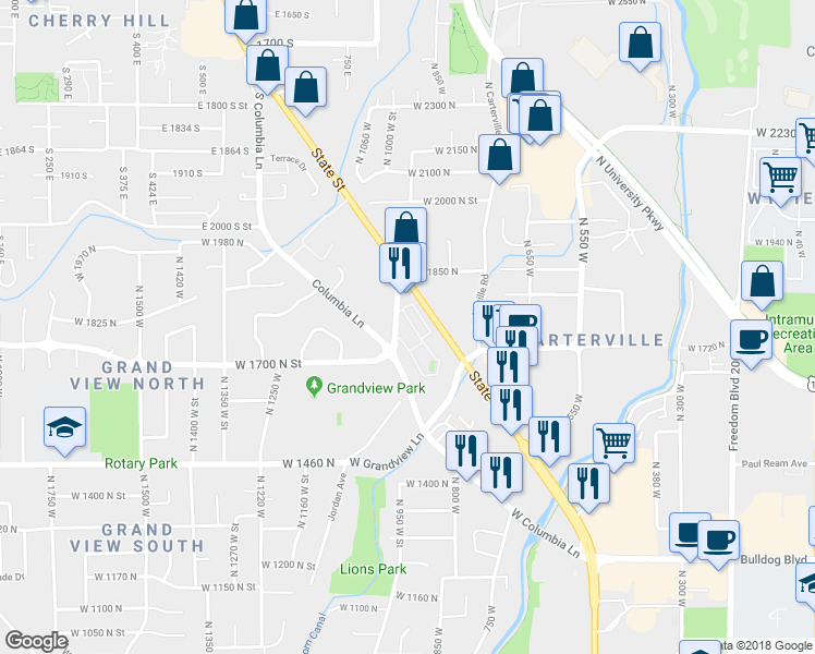 map of restaurants, bars, coffee shops, grocery stores, and more near 1750 North 950 West Street in Provo