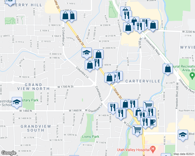 map of restaurants, bars, coffee shops, grocery stores, and more near 1750 North 950 West Street in Provo