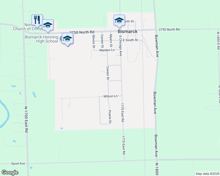 map of restaurants, bars, coffee shops, grocery stores, and more near 413 Center Street in Bismarck