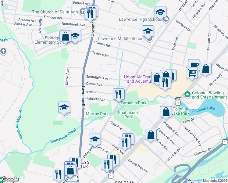 map of restaurants, bars, coffee shops, grocery stores, and more near 11 Irwin Place in Lawrence Township