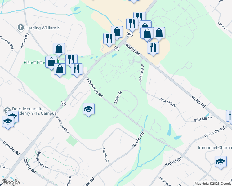 map of restaurants, bars, coffee shops, grocery stores, and more near 447 Militia Drive in Lansdale