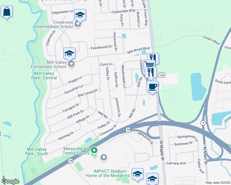 map of restaurants, bars, coffee shops, grocery stores, and more near 1479 Cinnamon Drive in Marysville