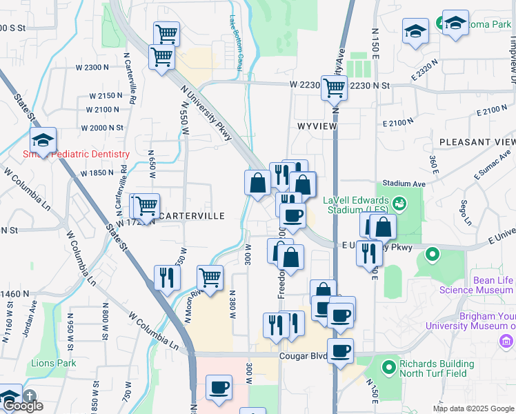 map of restaurants, bars, coffee shops, grocery stores, and more near 1675 Freedom Boulevard 200 West in Provo