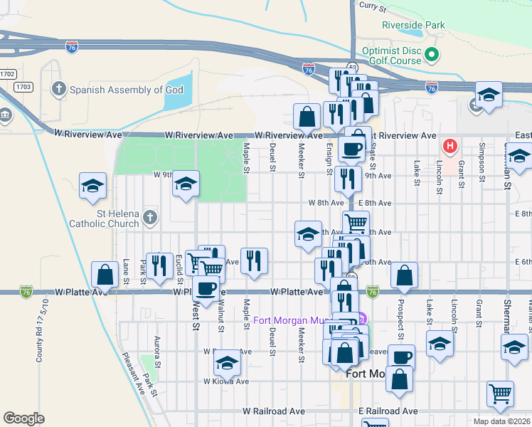 map of restaurants, bars, coffee shops, grocery stores, and more near 800 Deuel Street in Fort Morgan