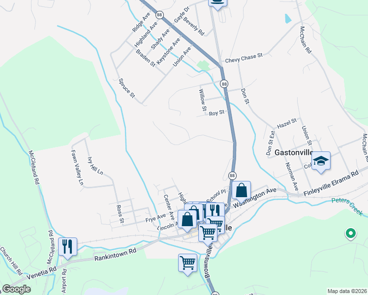 map of restaurants, bars, coffee shops, grocery stores, and more near 61 Hobbitt Lane in Finleyville