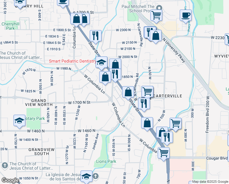 map of restaurants, bars, coffee shops, grocery stores, and more near 1763 Willowbrook Drive in Provo