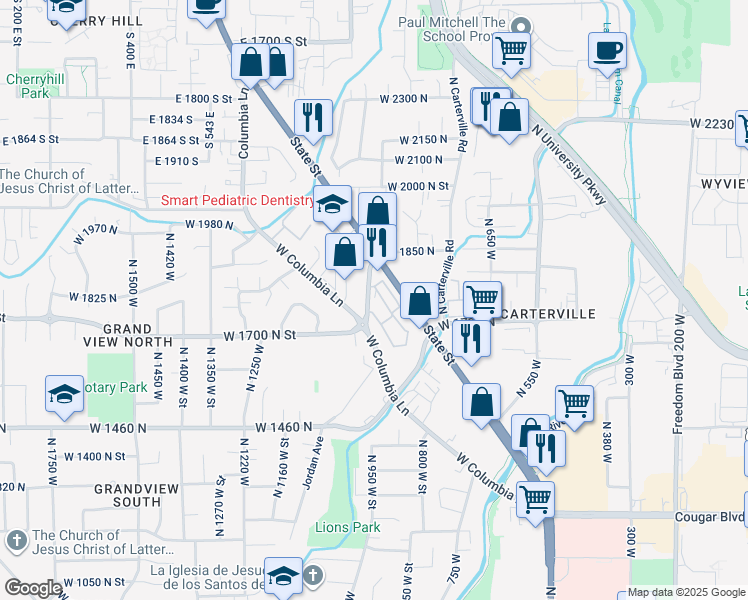 map of restaurants, bars, coffee shops, grocery stores, and more near 1763 Willowbrook Drive in Provo