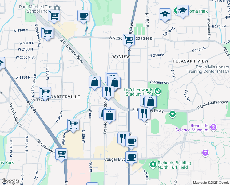 map of restaurants, bars, coffee shops, grocery stores, and more near 1774 North University Parkway in Provo