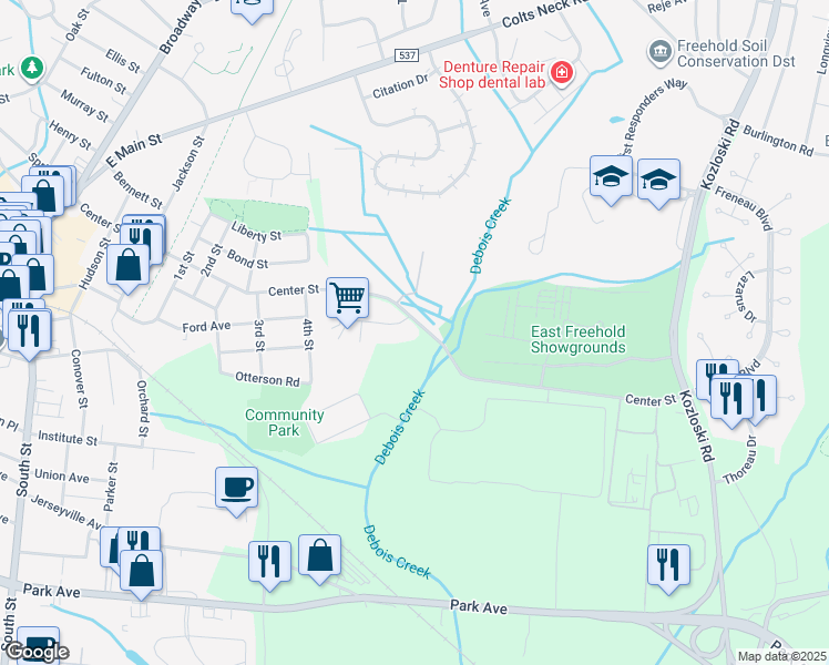map of restaurants, bars, coffee shops, grocery stores, and more near 1711 Ginesi Drive in Freehold