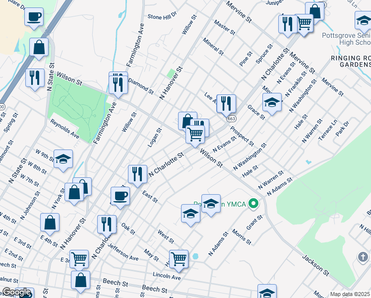 map of restaurants, bars, coffee shops, grocery stores, and more near 777 North Charlotte Street in Pottstown