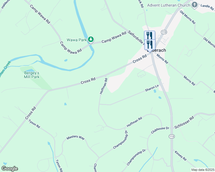 map of restaurants, bars, coffee shops, grocery stores, and more near 555 Hoffman Road in Harleysville