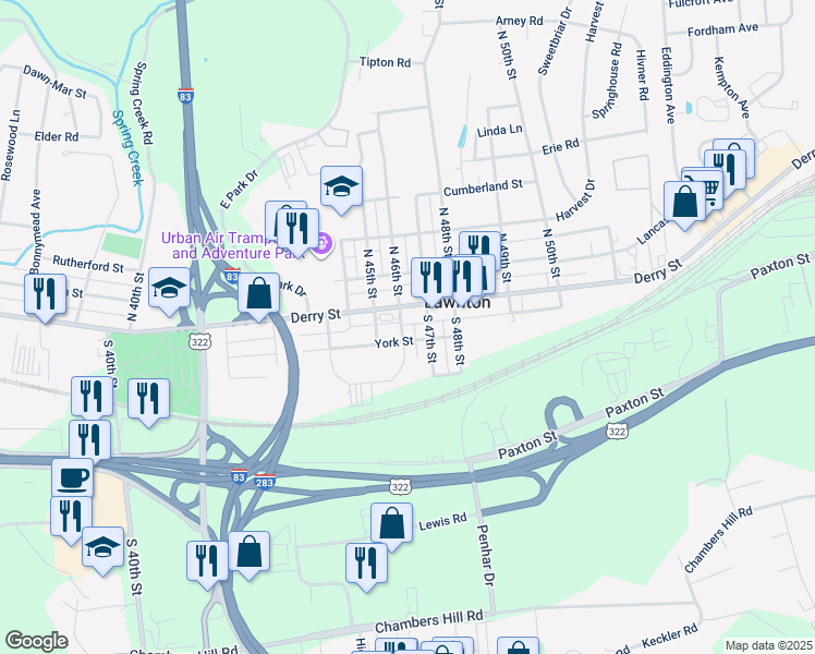 map of restaurants, bars, coffee shops, grocery stores, and more near 51 South 46th Street in Harrisburg
