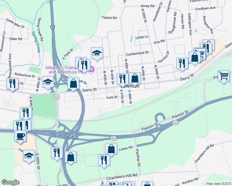 map of restaurants, bars, coffee shops, grocery stores, and more near 51 South 46th Street in Harrisburg
