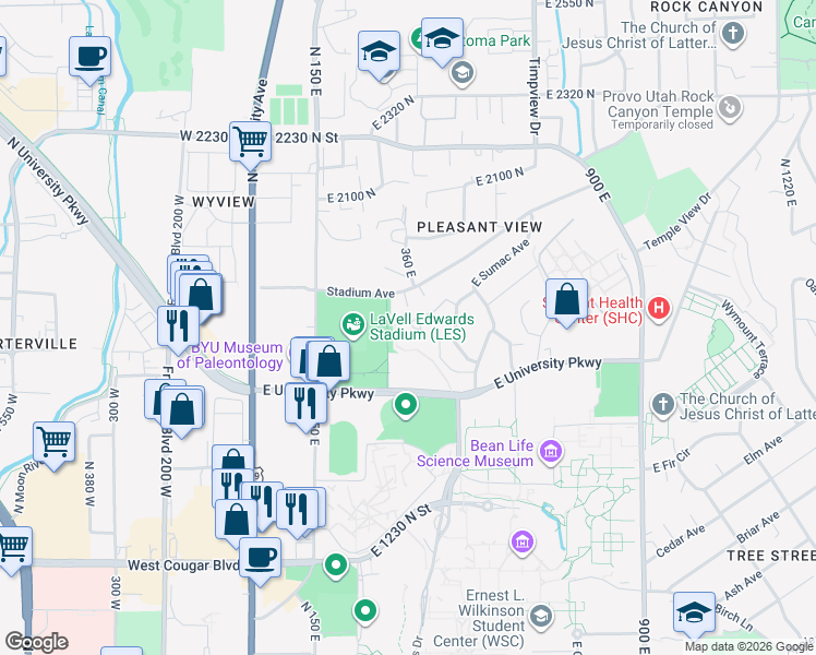 map of restaurants, bars, coffee shops, grocery stores, and more near 360 East Sumac Avenue in Provo