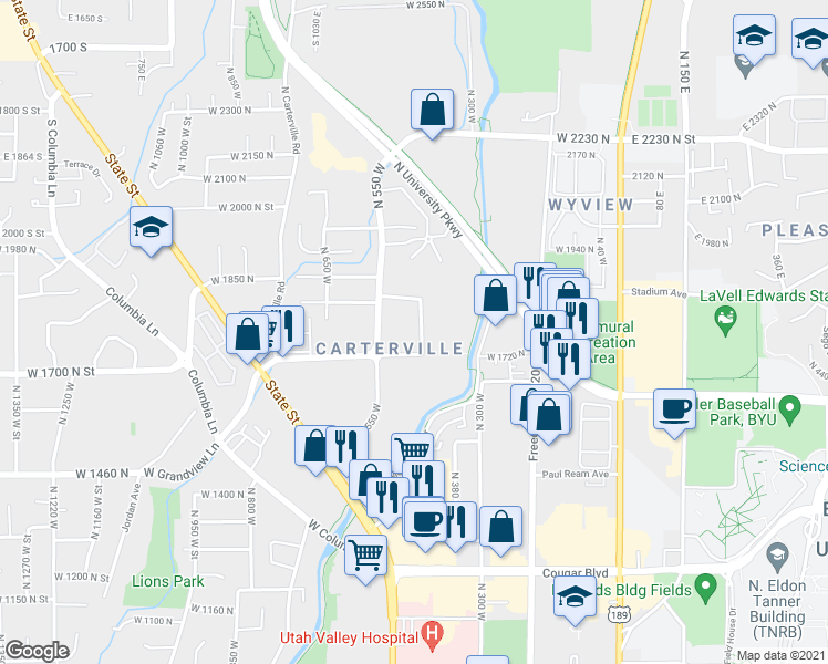 map of restaurants, bars, coffee shops, grocery stores, and more near 449 West 1720 North in Provo