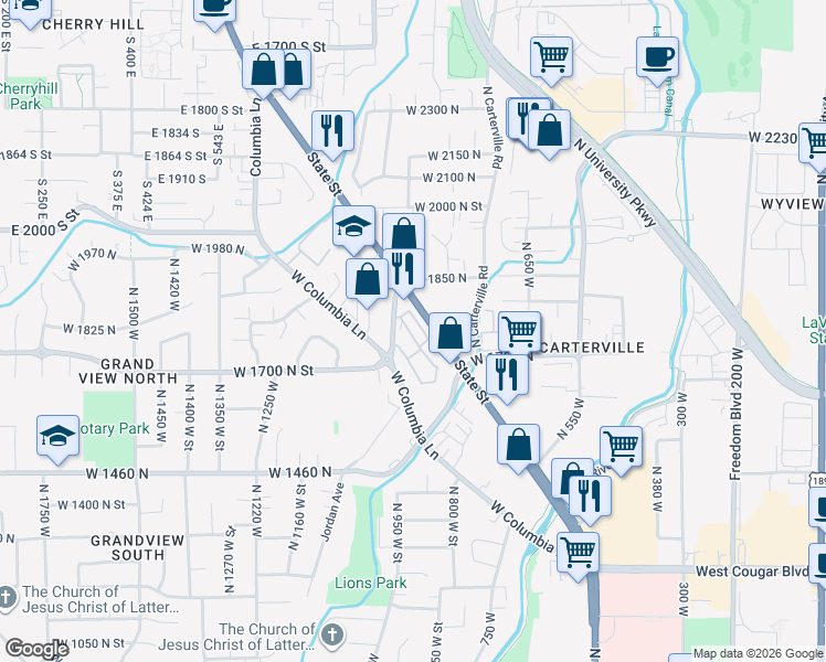 map of restaurants, bars, coffee shops, grocery stores, and more near 1750 North 950 West Street in Provo