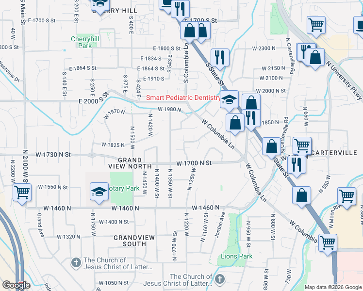 map of restaurants, bars, coffee shops, grocery stores, and more near 1761 Cobblestone Drive in Provo