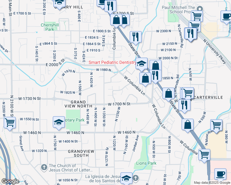map of restaurants, bars, coffee shops, grocery stores, and more near 1780 Cobblestone Drive in Provo