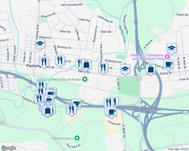 map of restaurants, bars, coffee shops, grocery stores, and more near 3853 Derry Street in Harrisburg