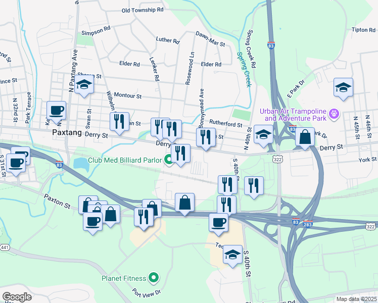 map of restaurants, bars, coffee shops, grocery stores, and more near 3853 Derry Street in Harrisburg