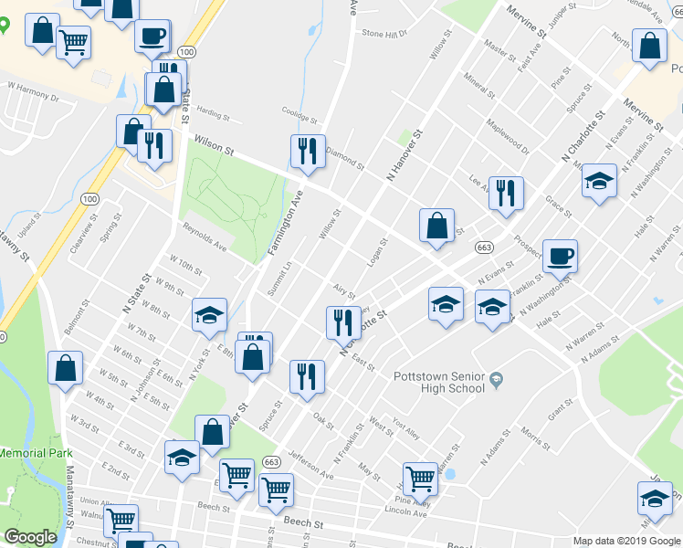 map of restaurants, bars, coffee shops, grocery stores, and more near 722 North Hanover Street in Pottstown