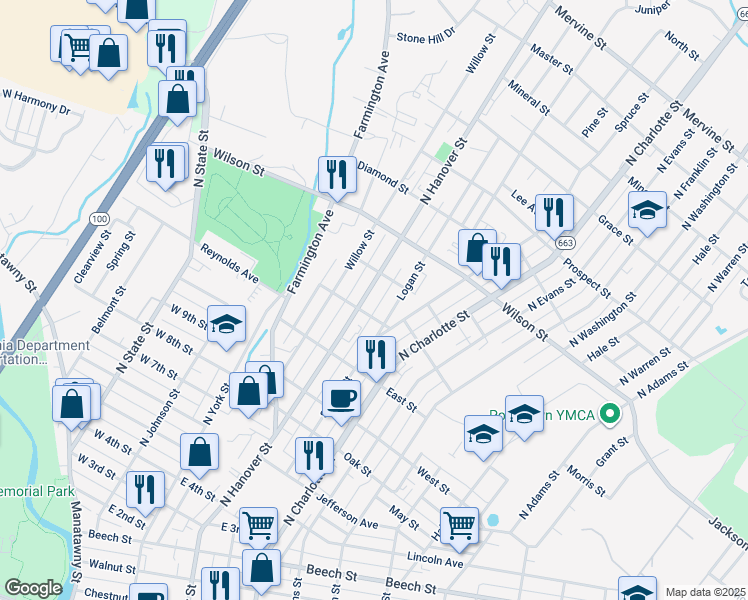 map of restaurants, bars, coffee shops, grocery stores, and more near 722 North Hanover Street in Pottstown