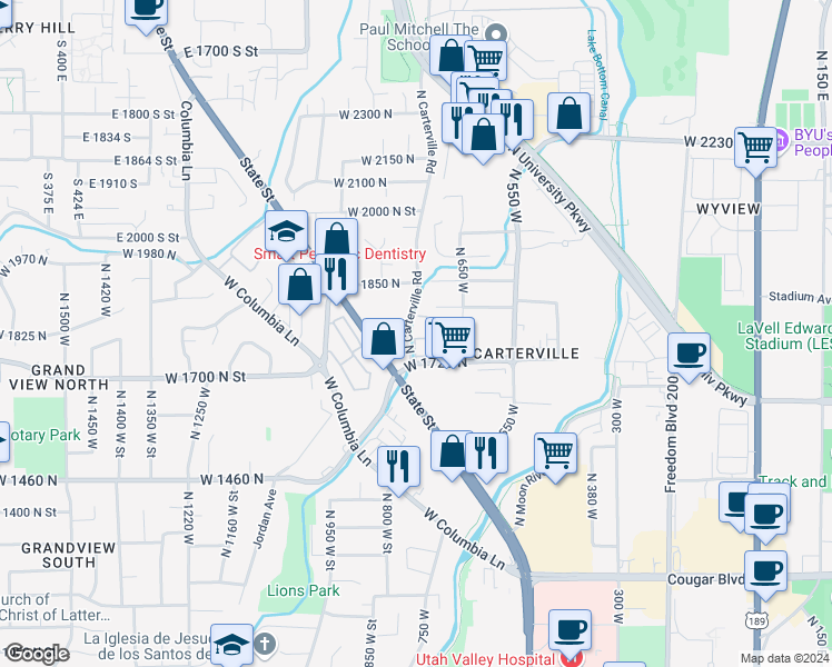 map of restaurants, bars, coffee shops, grocery stores, and more near 728 West 1720 North in Provo