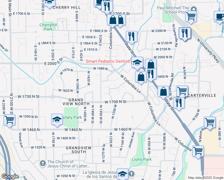 map of restaurants, bars, coffee shops, grocery stores, and more near 1780 Cobblestone Drive in Provo