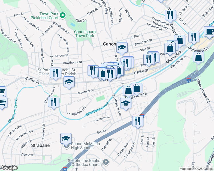 map of restaurants, bars, coffee shops, grocery stores, and more near 104 West Pike Street in Canonsburg