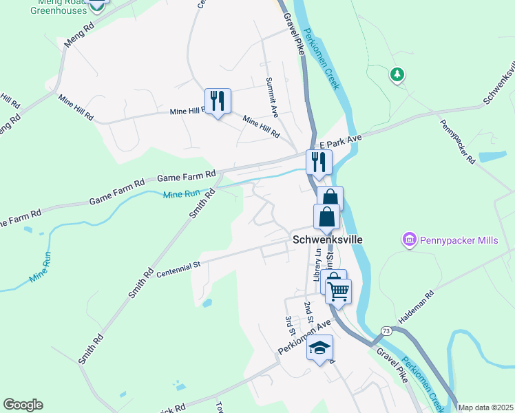 map of restaurants, bars, coffee shops, grocery stores, and more near 37 Pennypacker Drive in Schwenksville