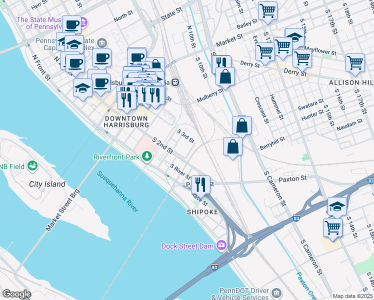 map of restaurants, bars, coffee shops, grocery stores, and more near 267 South 2nd Street in Harrisburg