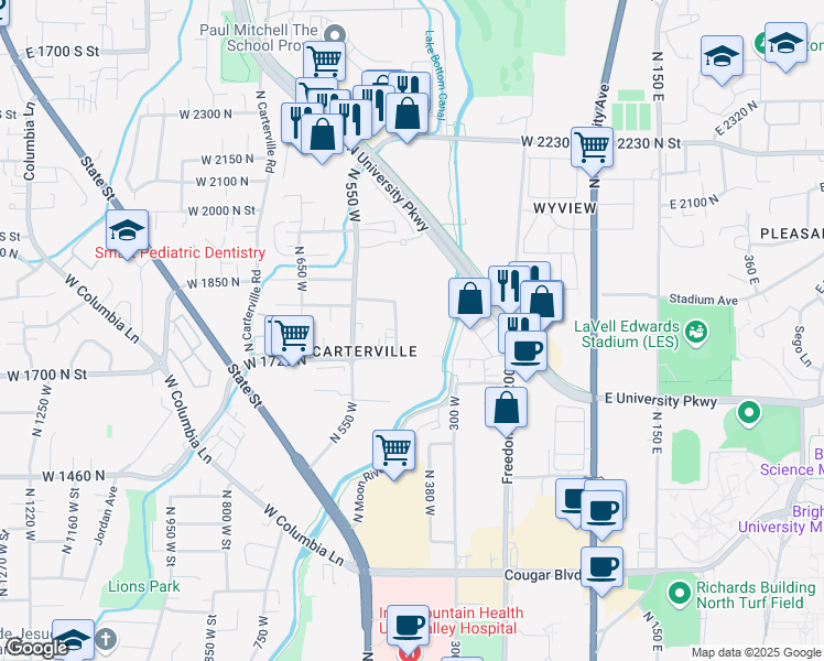 map of restaurants, bars, coffee shops, grocery stores, and more near 1772 North 450 West in Provo