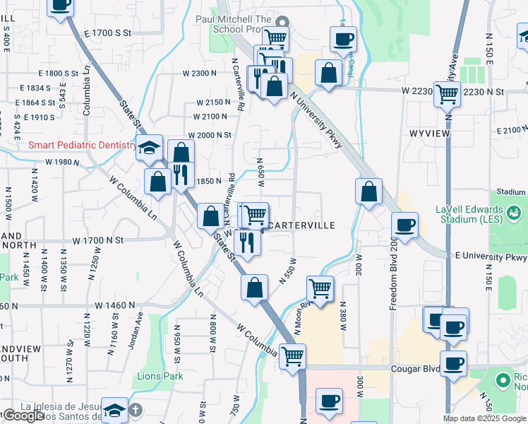 map of restaurants, bars, coffee shops, grocery stores, and more near 675 West 1800 North in Provo