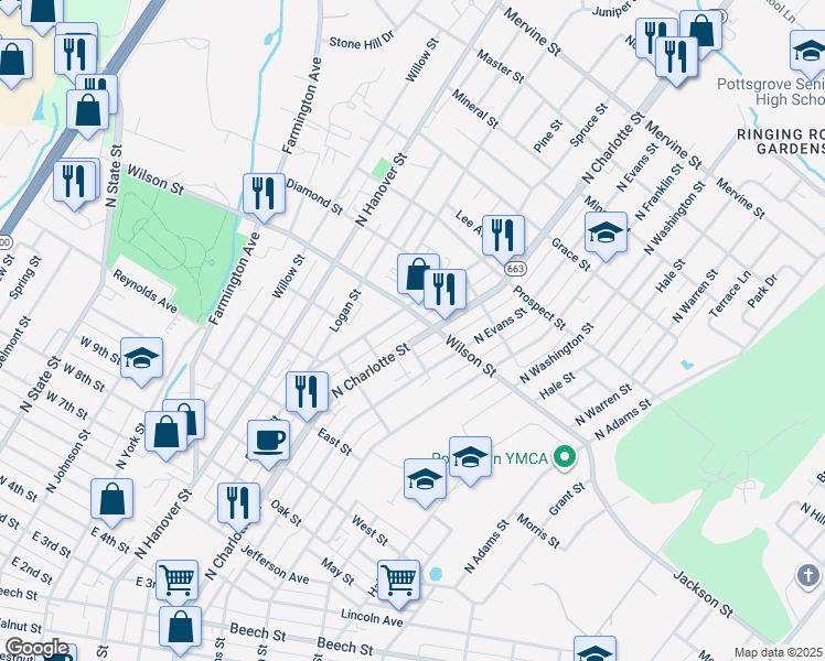 map of restaurants, bars, coffee shops, grocery stores, and more near 810 Spruce Street in Pottstown