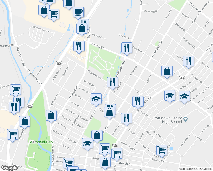 map of restaurants, bars, coffee shops, grocery stores, and more near 701 Farmington Avenue in Pottstown