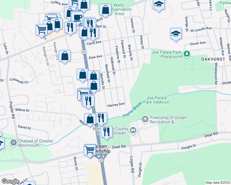 map of restaurants, bars, coffee shops, grocery stores, and more near 1640 Holbrook Street in Ocean Township
