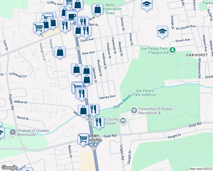map of restaurants, bars, coffee shops, grocery stores, and more near 1640 Holbrook Street in Ocean Township