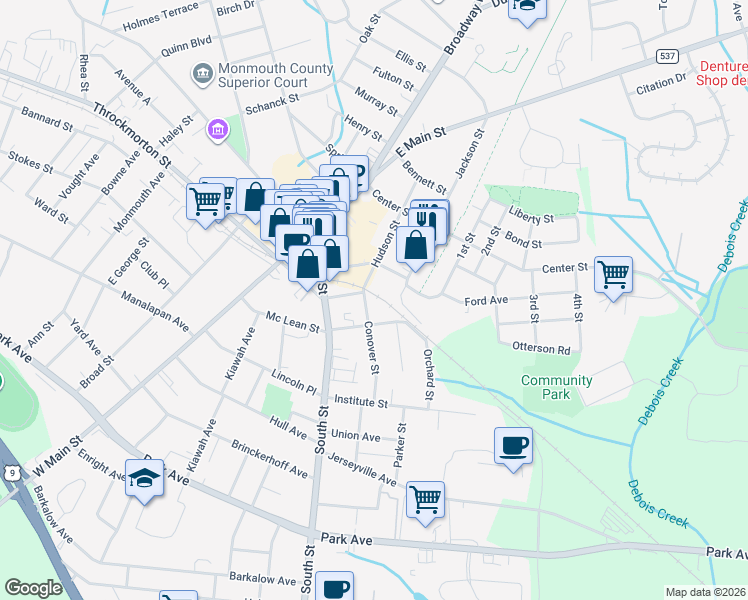 map of restaurants, bars, coffee shops, grocery stores, and more near 62 Mechanic Street in Freehold