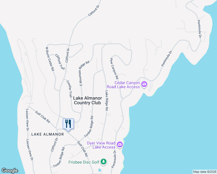map of restaurants, bars, coffee shops, grocery stores, and more near 108 Peninsula Drive in Lake Almanor Country Club