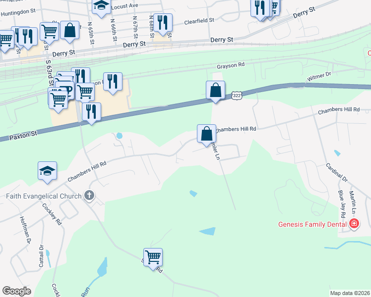 map of restaurants, bars, coffee shops, grocery stores, and more near 7210 Chambers Hill Road in Harrisburg