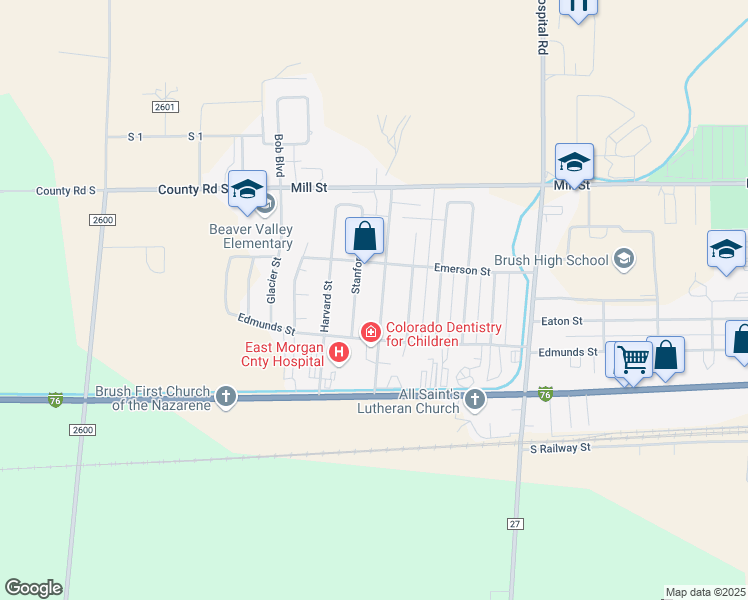 map of restaurants, bars, coffee shops, grocery stores, and more near 337 Stanford Street in Brush