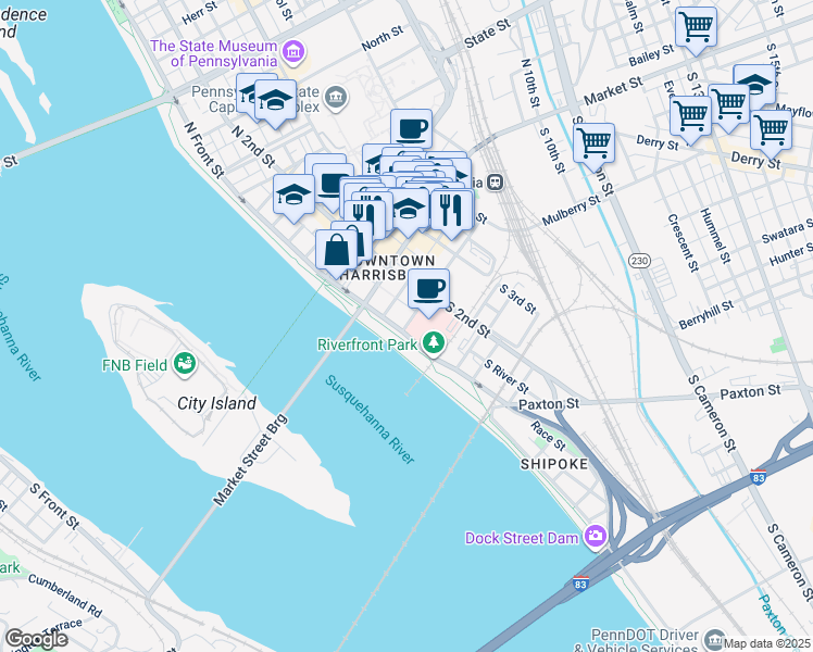 map of restaurants, bars, coffee shops, grocery stores, and more near 107 Chestnut Street in Harrisburg