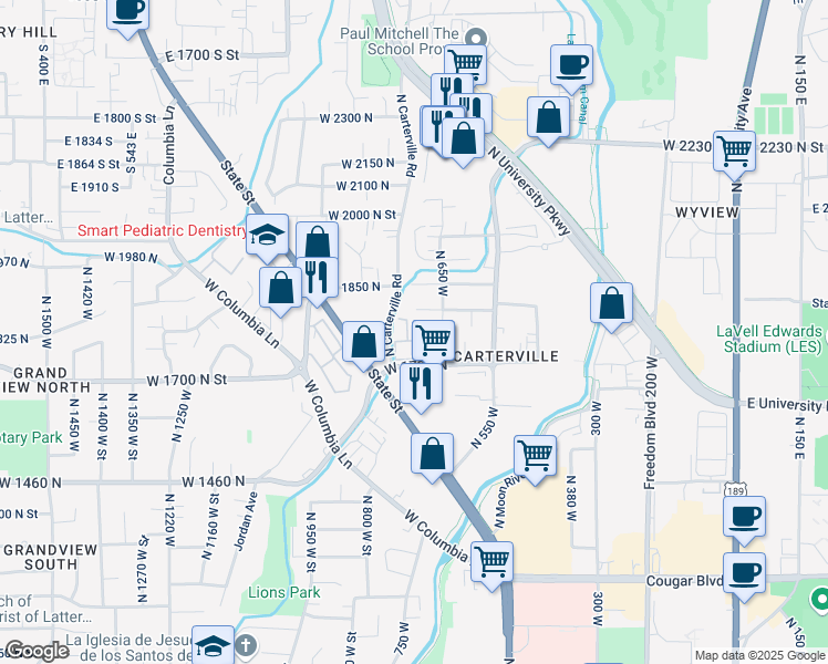 map of restaurants, bars, coffee shops, grocery stores, and more near 675 West 1800 North in Provo